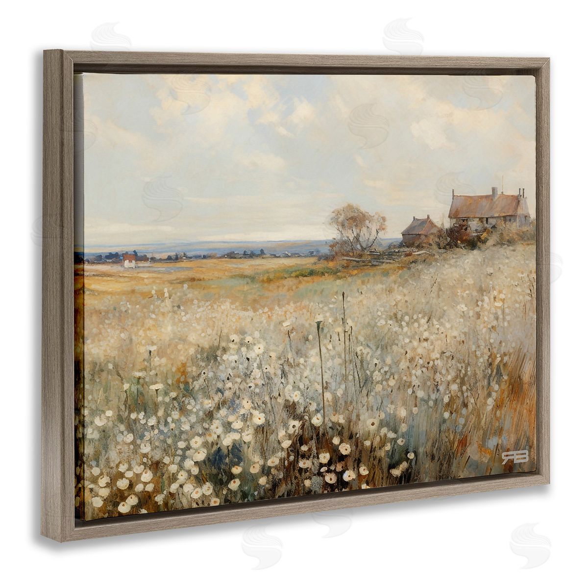 RB Neutral Farmland Meadow Brown Floating Frame Canvas Wall Art Print