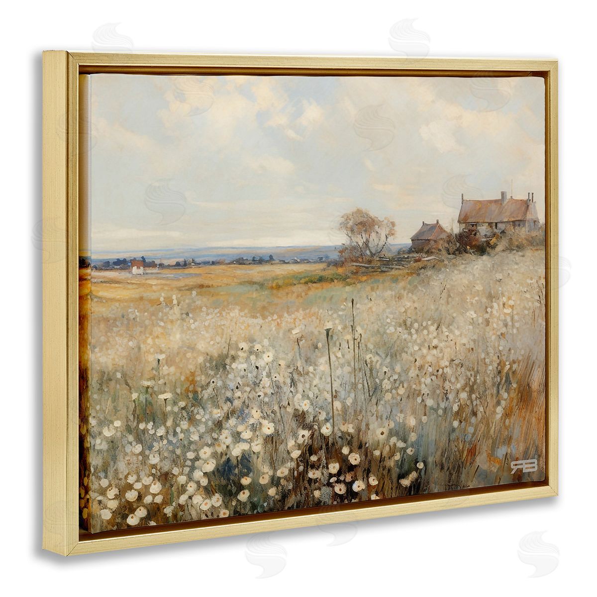 RB Neutral Farmland Meadow Gold Floating Frame Canvas Wall Art Print