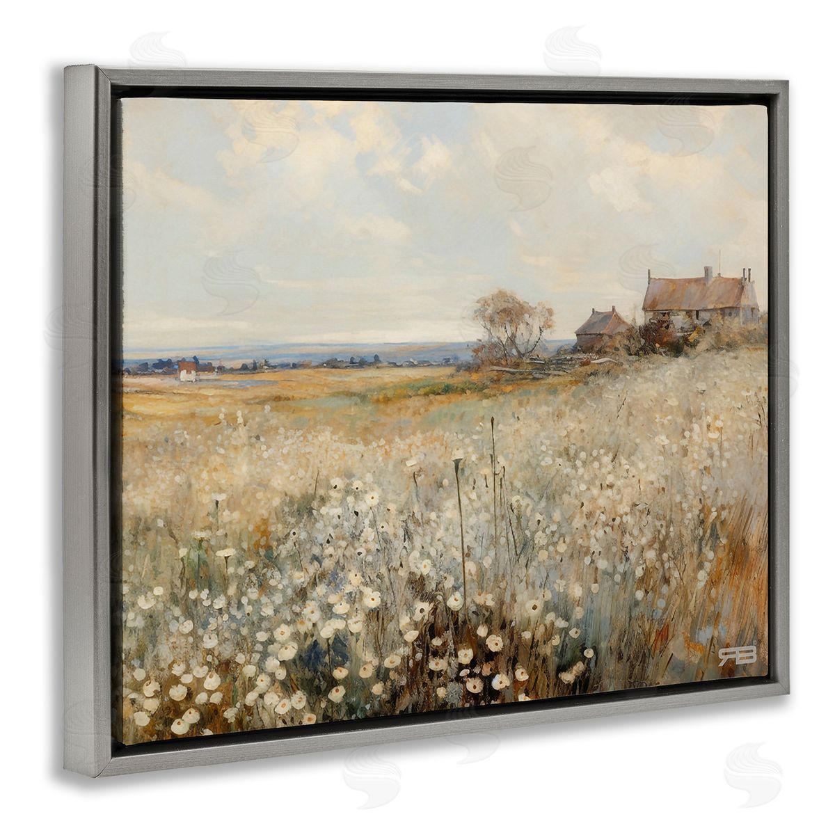 RB Neutral Farmland Meadow Gray Floating Frame Canvas Wall Art Print