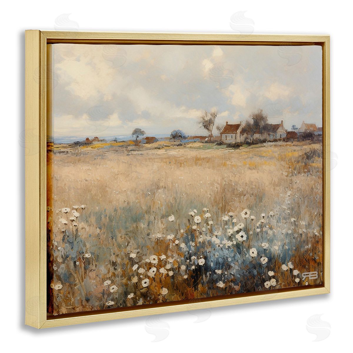 RB Cottage & Natural Meadow Gold Floating Frame Canvas Wall Art Print