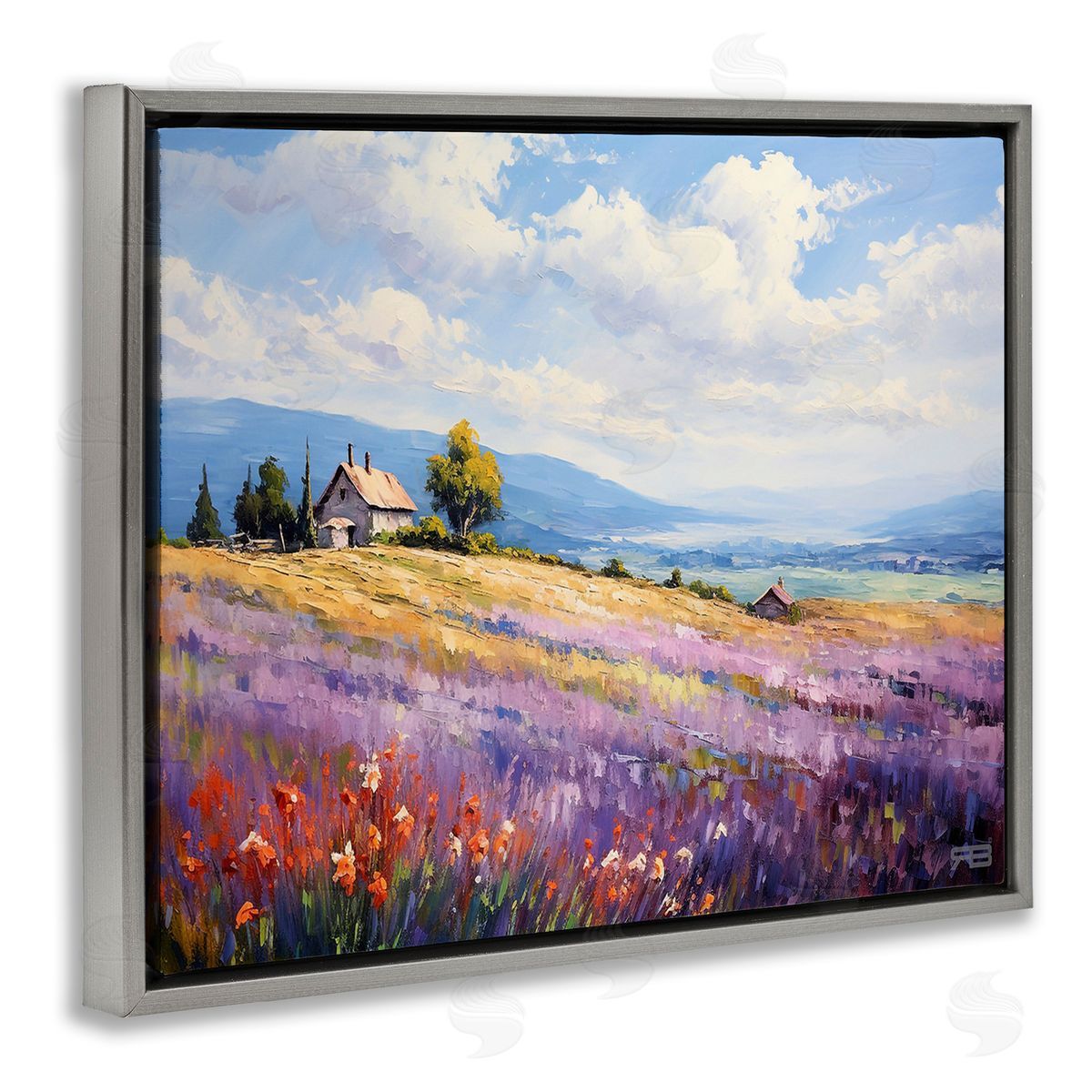 RB Cottage Meadow View Gray Floating Frame Canvas Wall Art Print