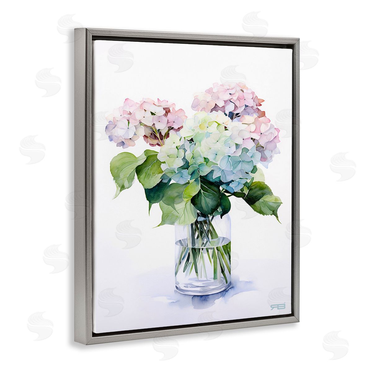 RB Ombre Hydrangea Bouquet Gray Floating Frame Canvas Wall Art Print