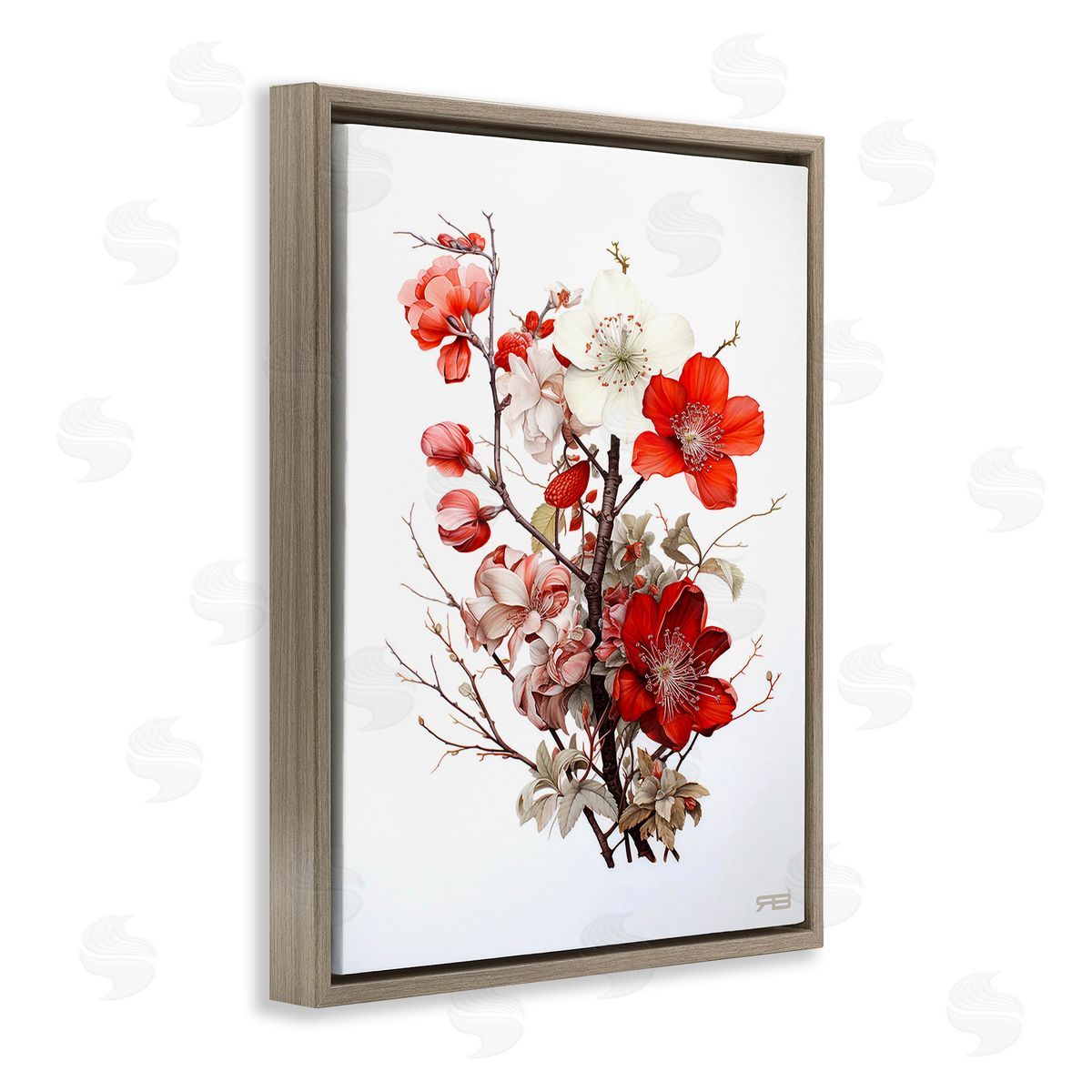 RB Red Flower Branches Brown Floating Frame Canvas Wall Art Print