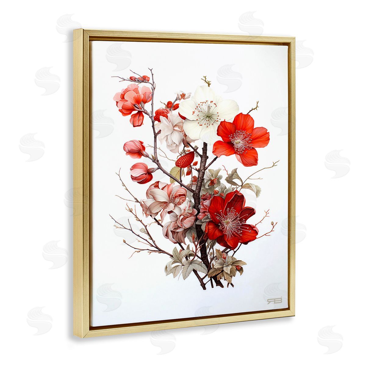RB Red Flower Branches Gold Floating Frame Canvas Wall Art Print