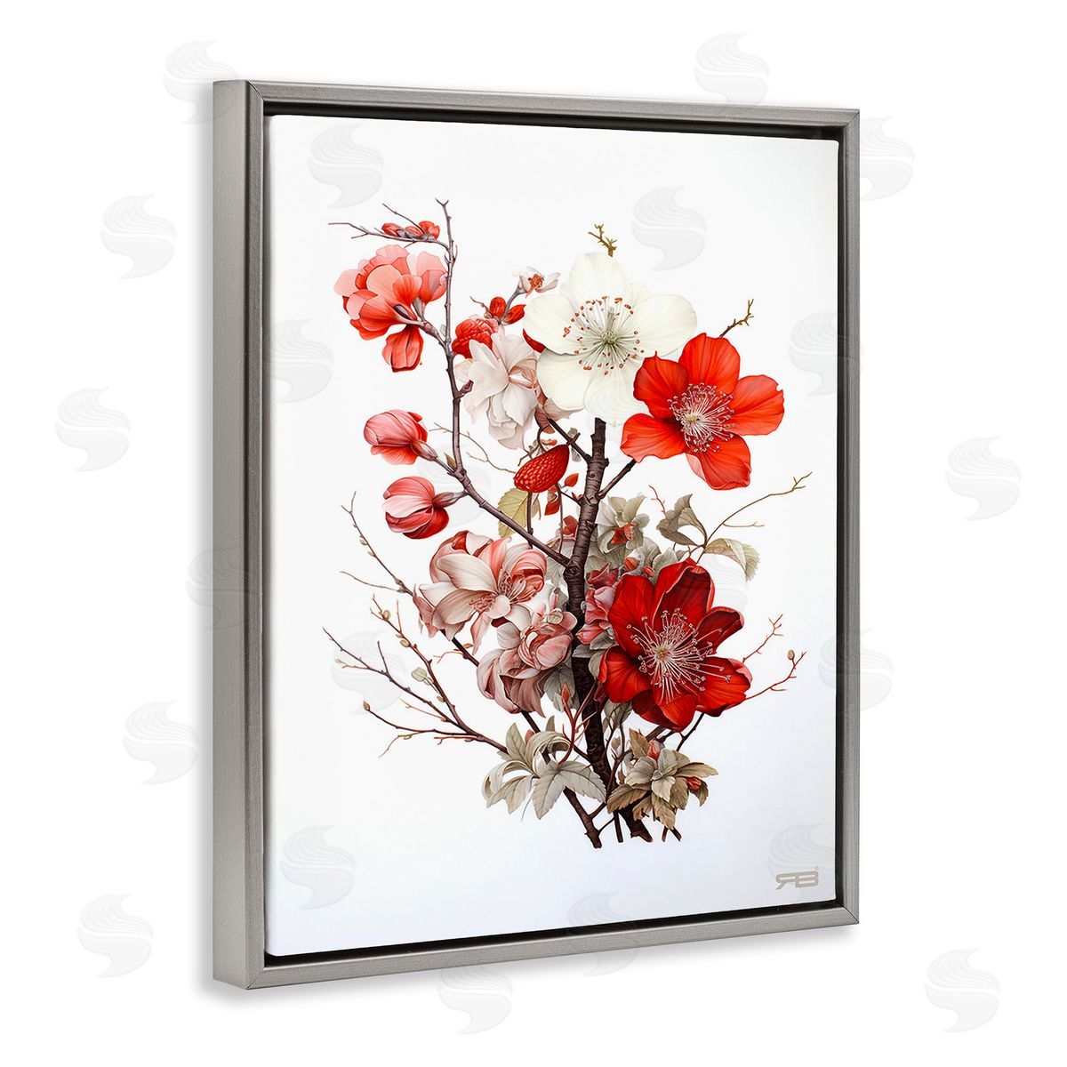 RB Red Flower Branches Gray Floating Frame Canvas Wall Art Print