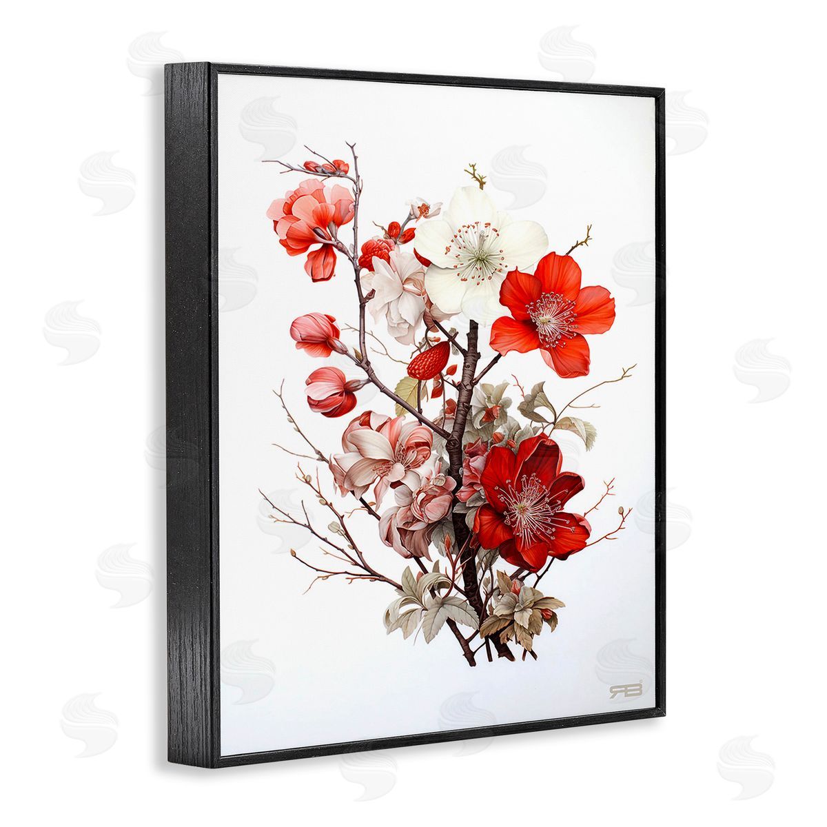 RB Red Flower Branches Black Framed Giclee Wall Art Print
