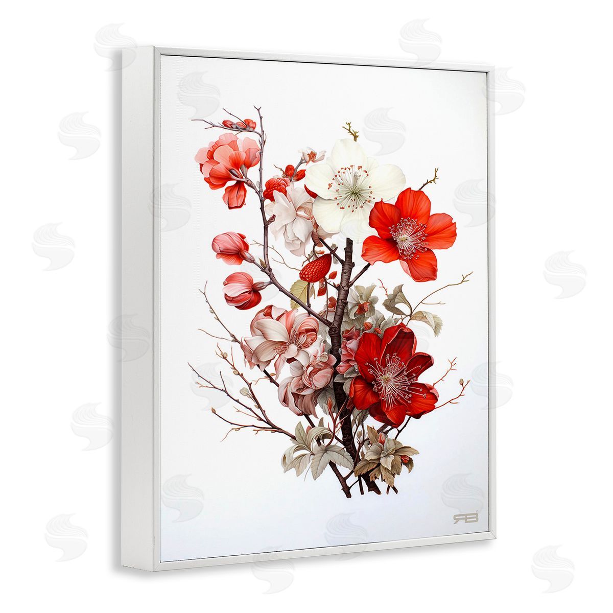 RB Red Flower Branches White Framed Giclee Wall Art Print