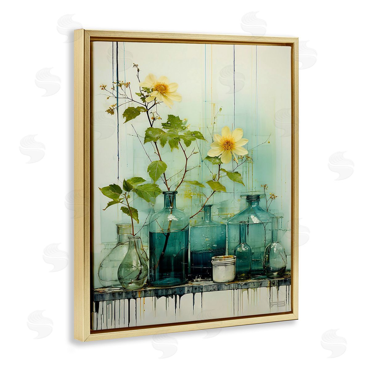 RB Modern Jars & Florals Gold Floating Frame Canvas Wall Art Print