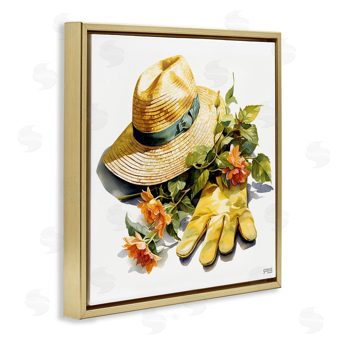 RB Floral Gardening Gear Gold Floating Frame Canvas Wall Art Print