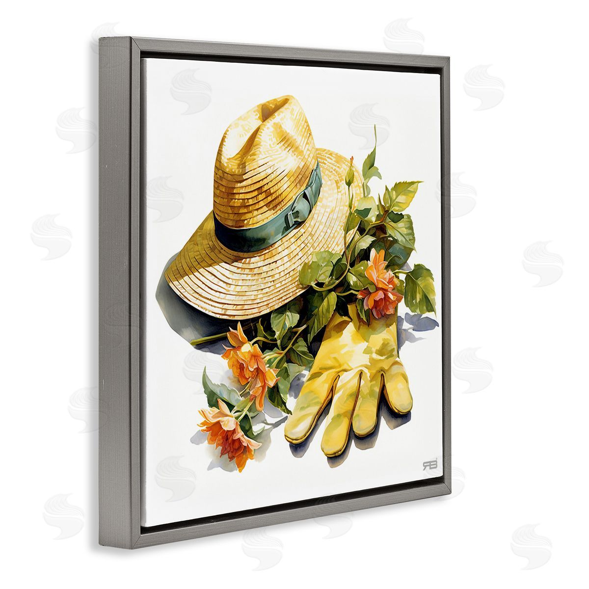 RB Floral Gardening Gear Gray Floating Frame Canvas Wall Art Print