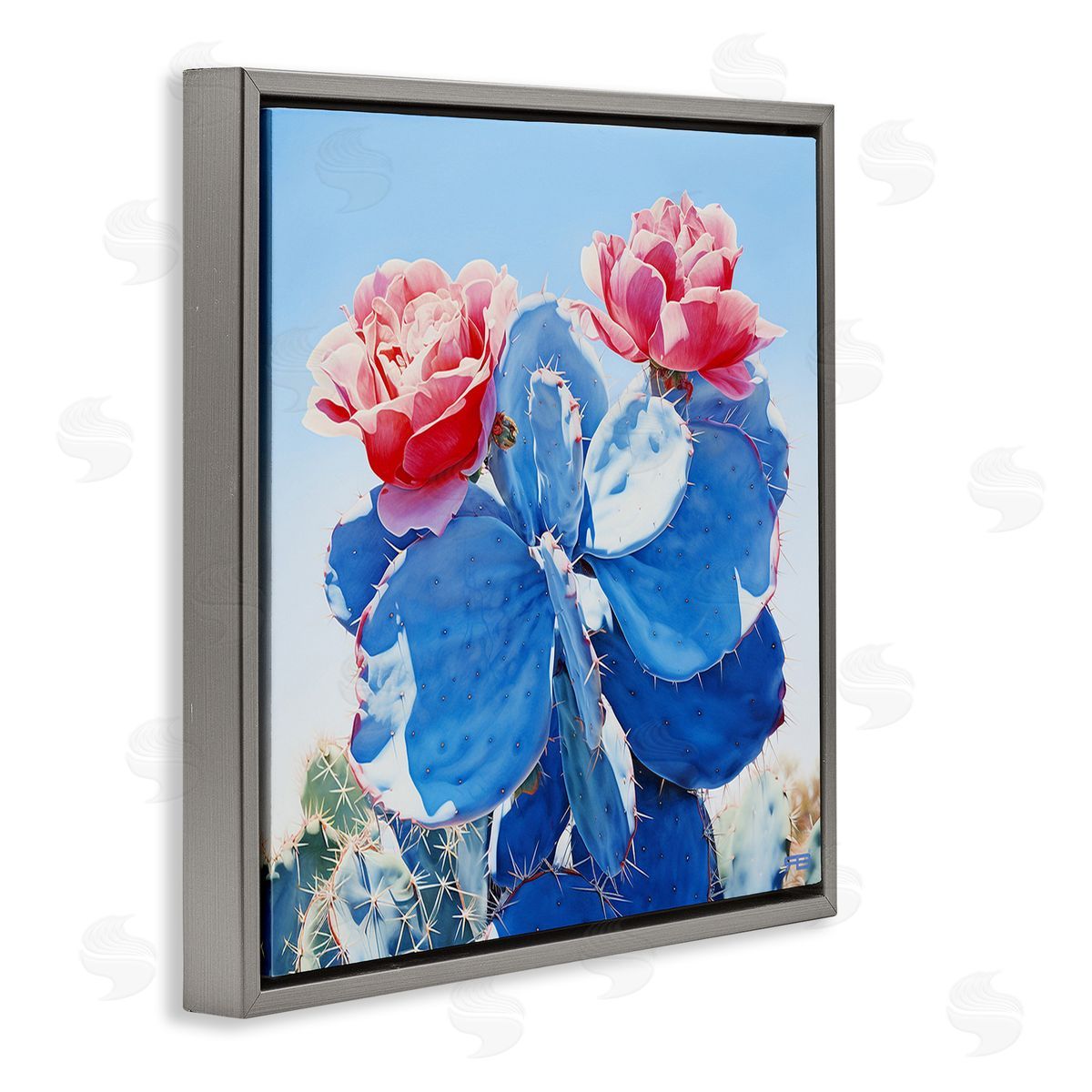 RB Twin Cactus Blossoms Gray Floating Frame Canvas Wall Art Print