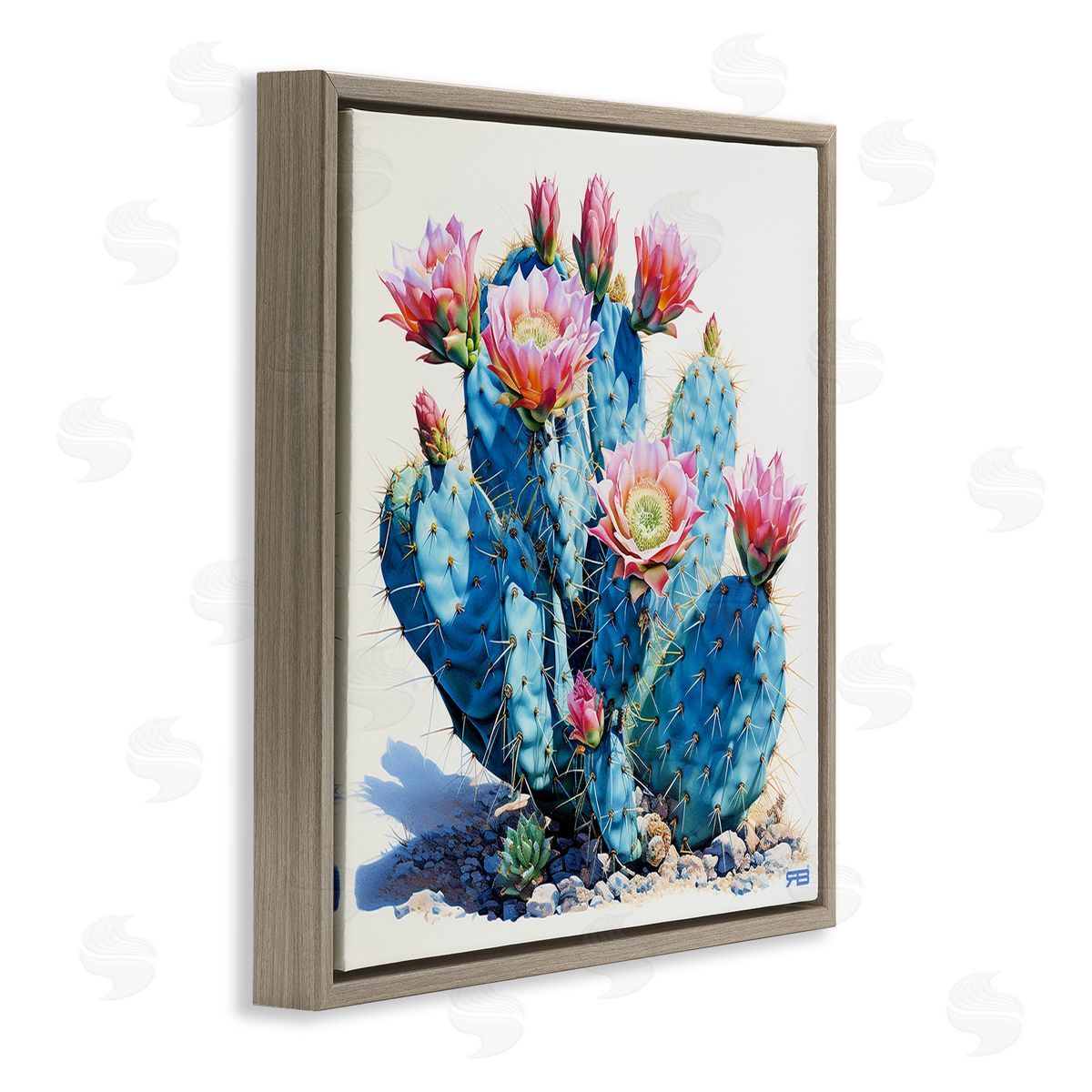 RB Prickly Cactus Blossoms Brown Floating Frame Canvas Wall Art Print