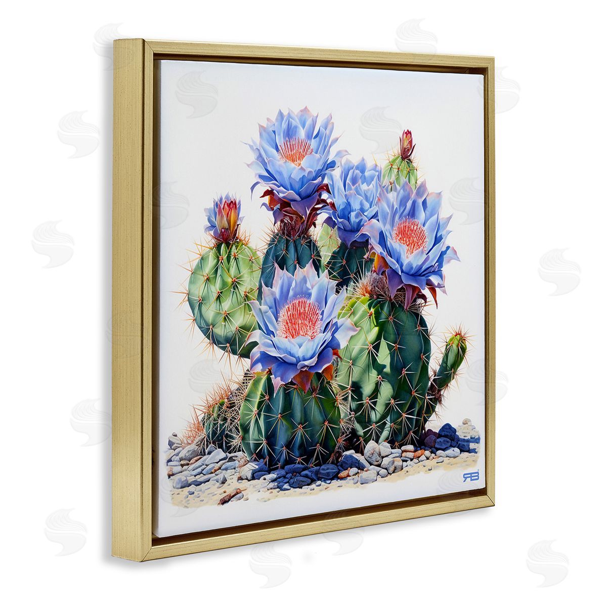 RB Blue Cactus Blossoms Gold Floating Frame Canvas Wall Art Print