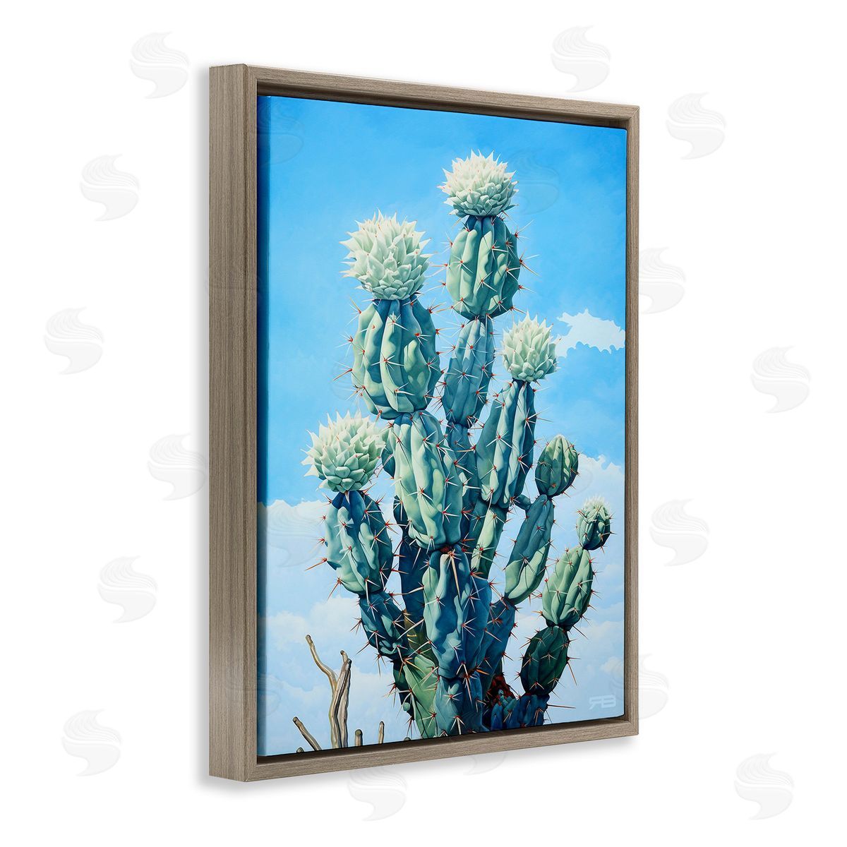 RB Cactus & Cloudy Sky Brown Floating Frame Canvas Wall Art Print