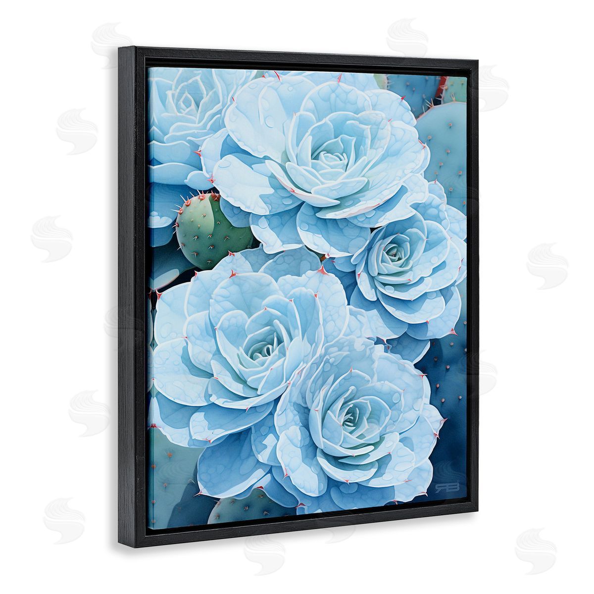 RB Detailed Blue Succulents Black Floating Frame Canvas Wall Art Print