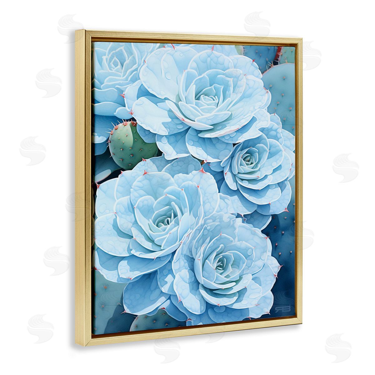 RB Detailed Blue Succulents Gold Floating Frame Canvas Wall Art Print