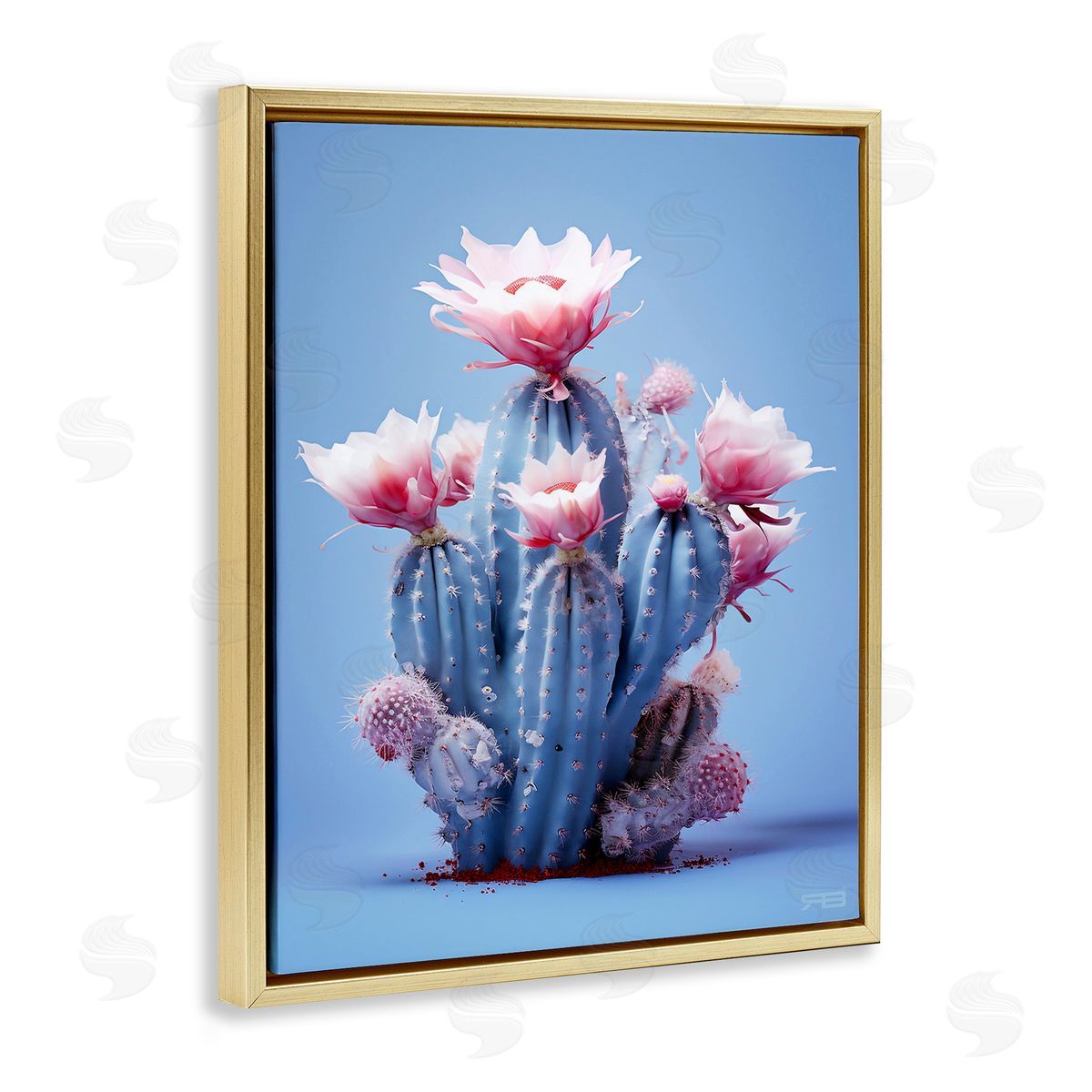 RB Pink & Blue Cactus Flowers Gold Floating Frame Canvas Wall Art Print