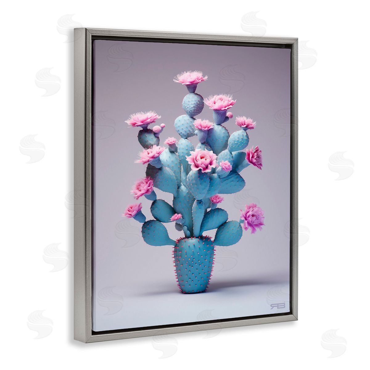 RB Modern Cactus with Flowers Gray Floating Frame Canvas Wall Art Print