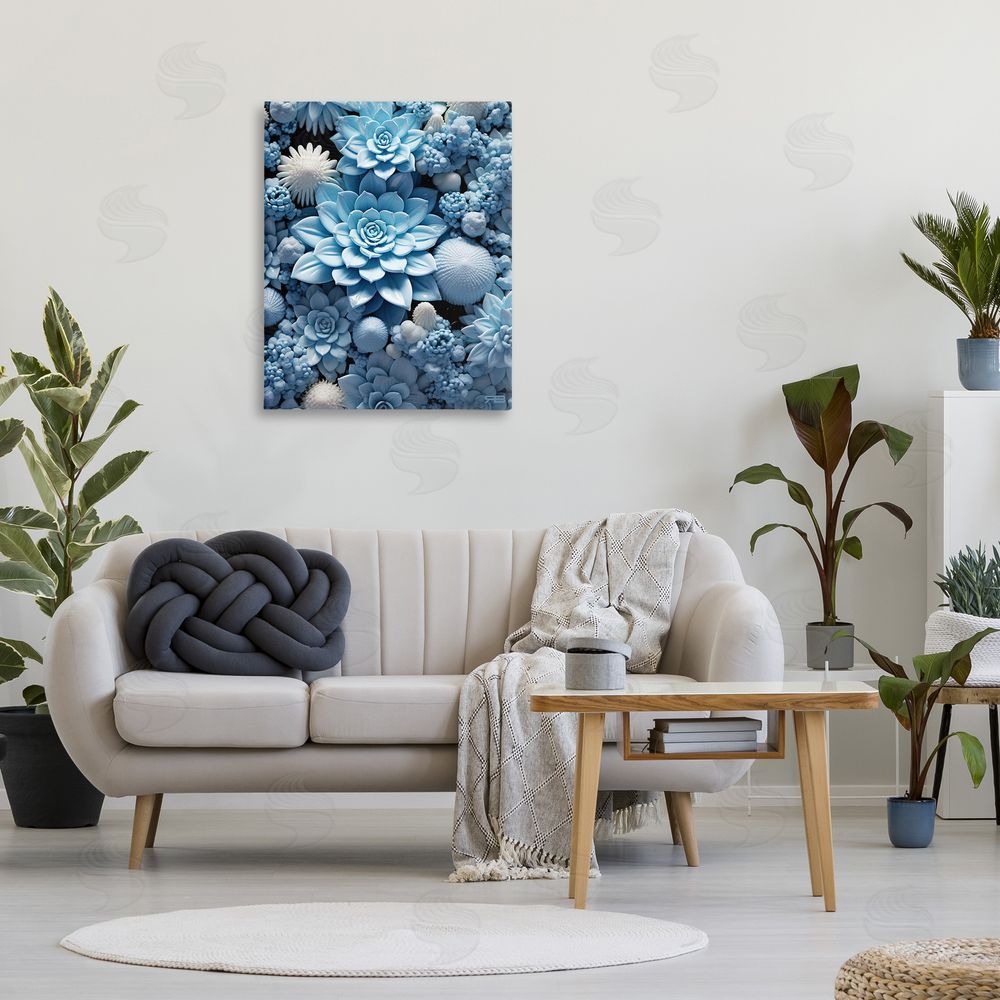 RB Blue Patterned Succulents Canvas Wall Art Print in Room