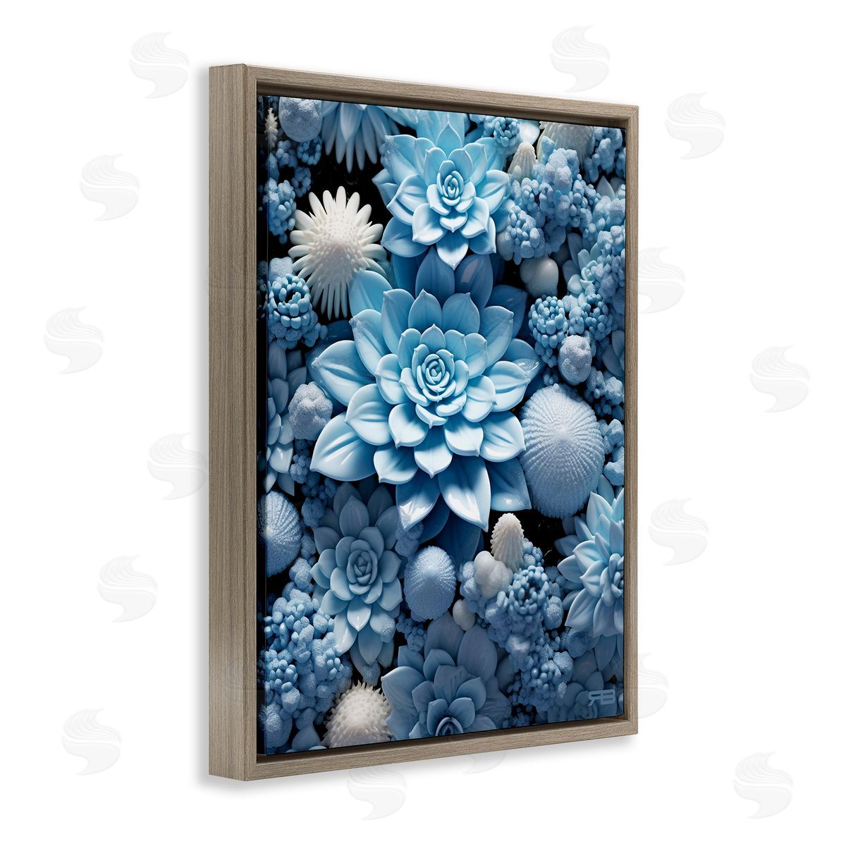 RB Blue Patterned Succulents Brown Floating Frame Canvas Wall Art Print