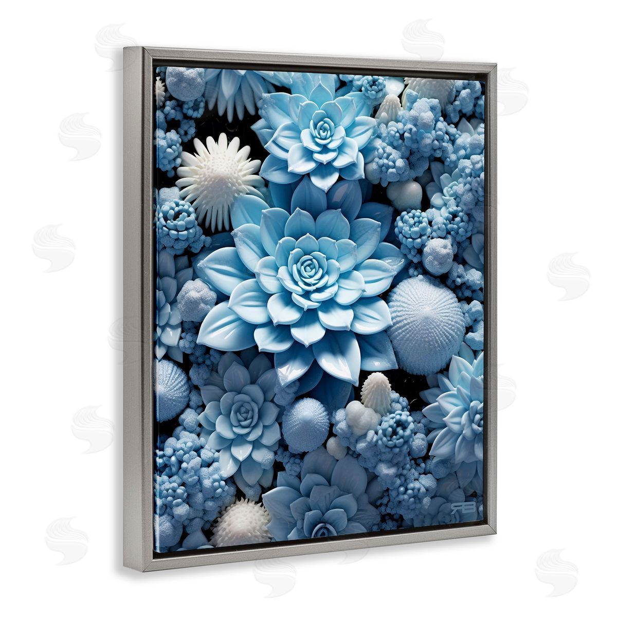 RB Blue Patterned Succulents Gray Floating Frame Canvas Wall Art Print