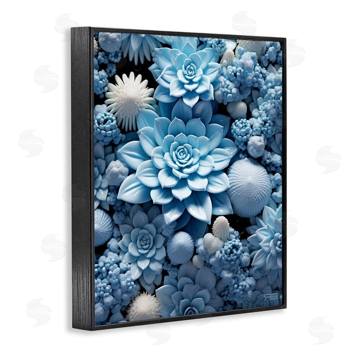 RB Blue Patterned Succulents Black Framed Giclee Wall Art Print