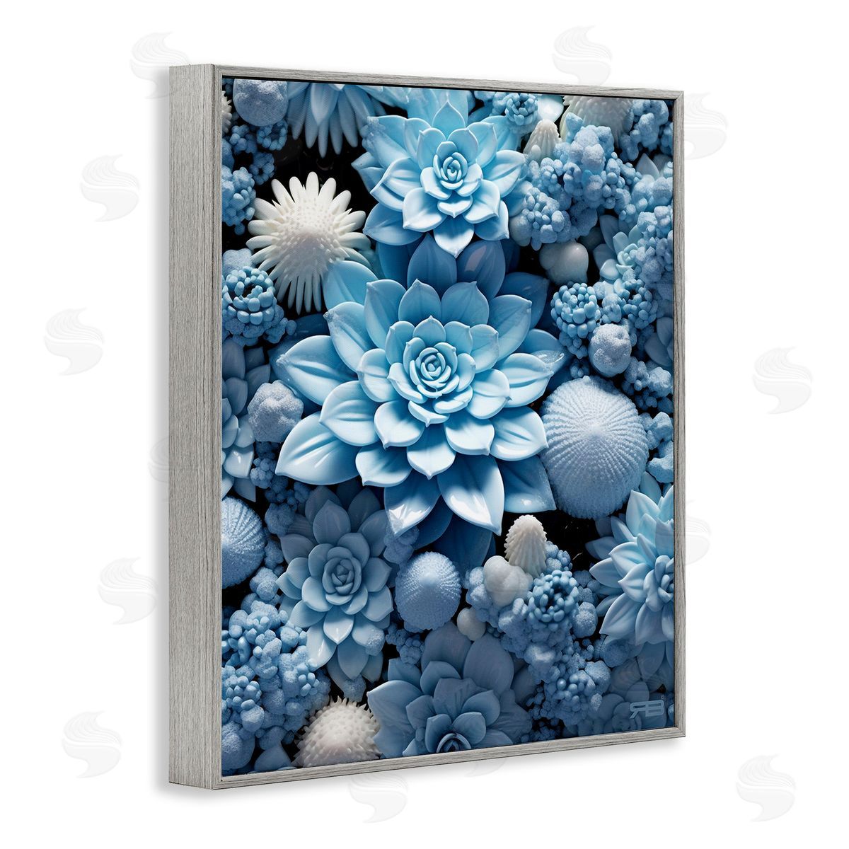 RB Blue Patterned Succulents Gray Framed Giclee Wall Art Print