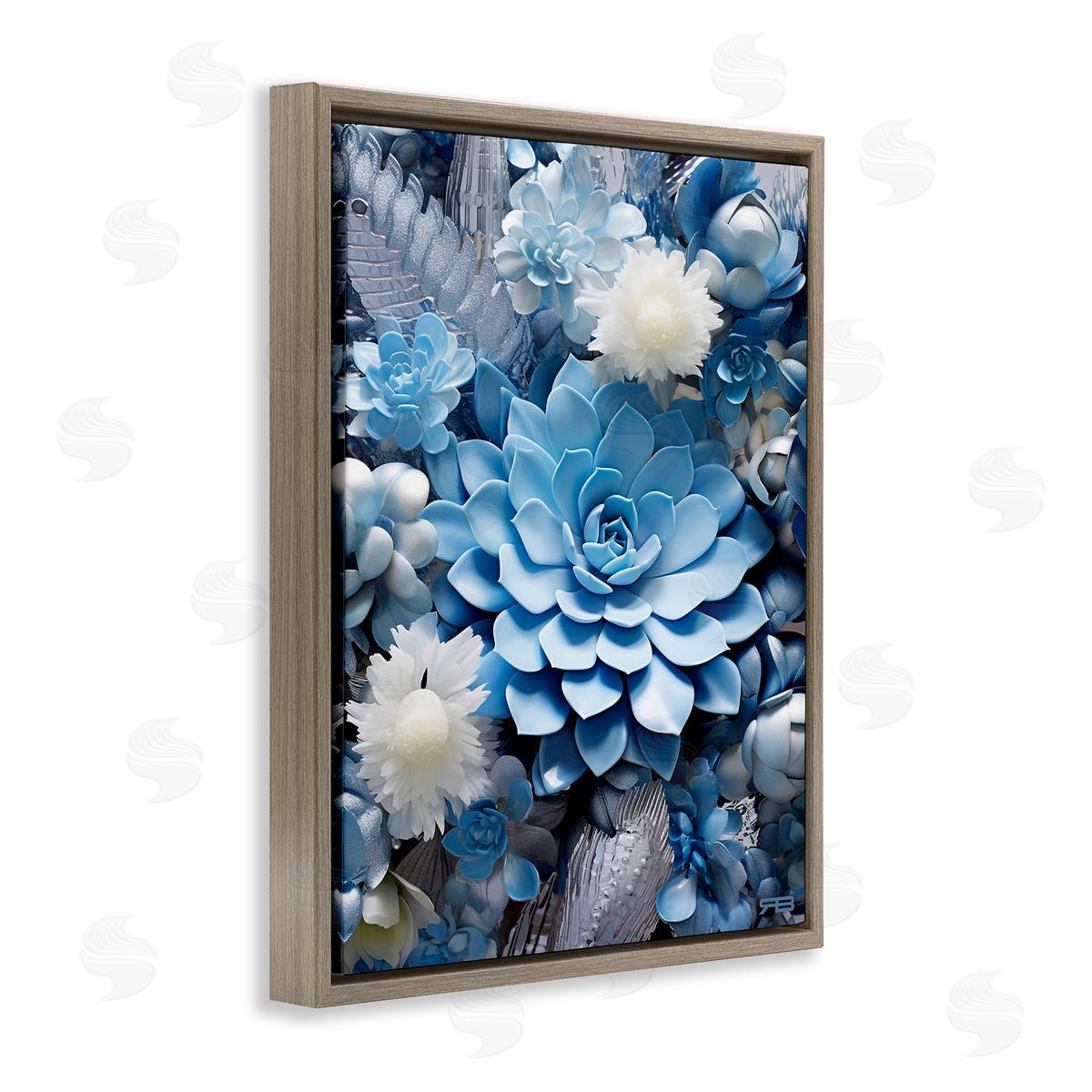 RB Blue Varied Succulents Brown Floating Frame Canvas Wall Art Print
