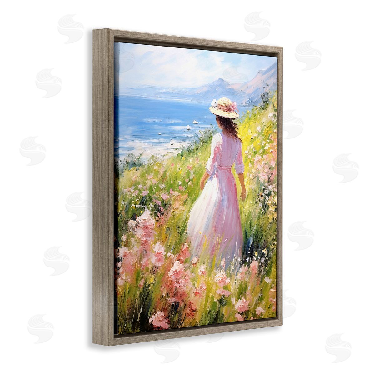 Woman & Scenic Beach Brown Floating Frame Canvas Wall Art, Home Decor by RB