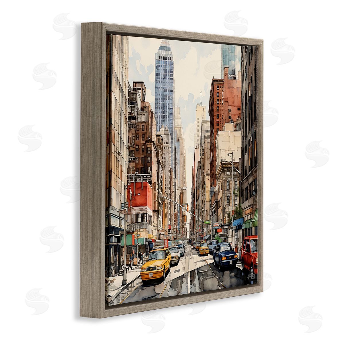 RB Bustling Urban Street Brown Floating Frame Canvas Wall Art Print