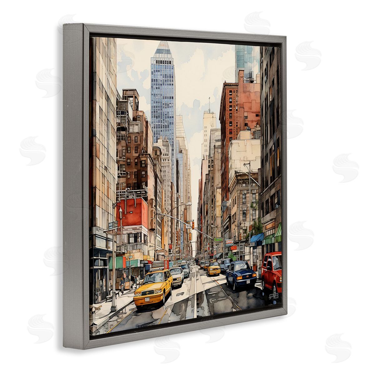 RB Bustling Urban Street Gray Floating Frame Canvas Wall Art Print