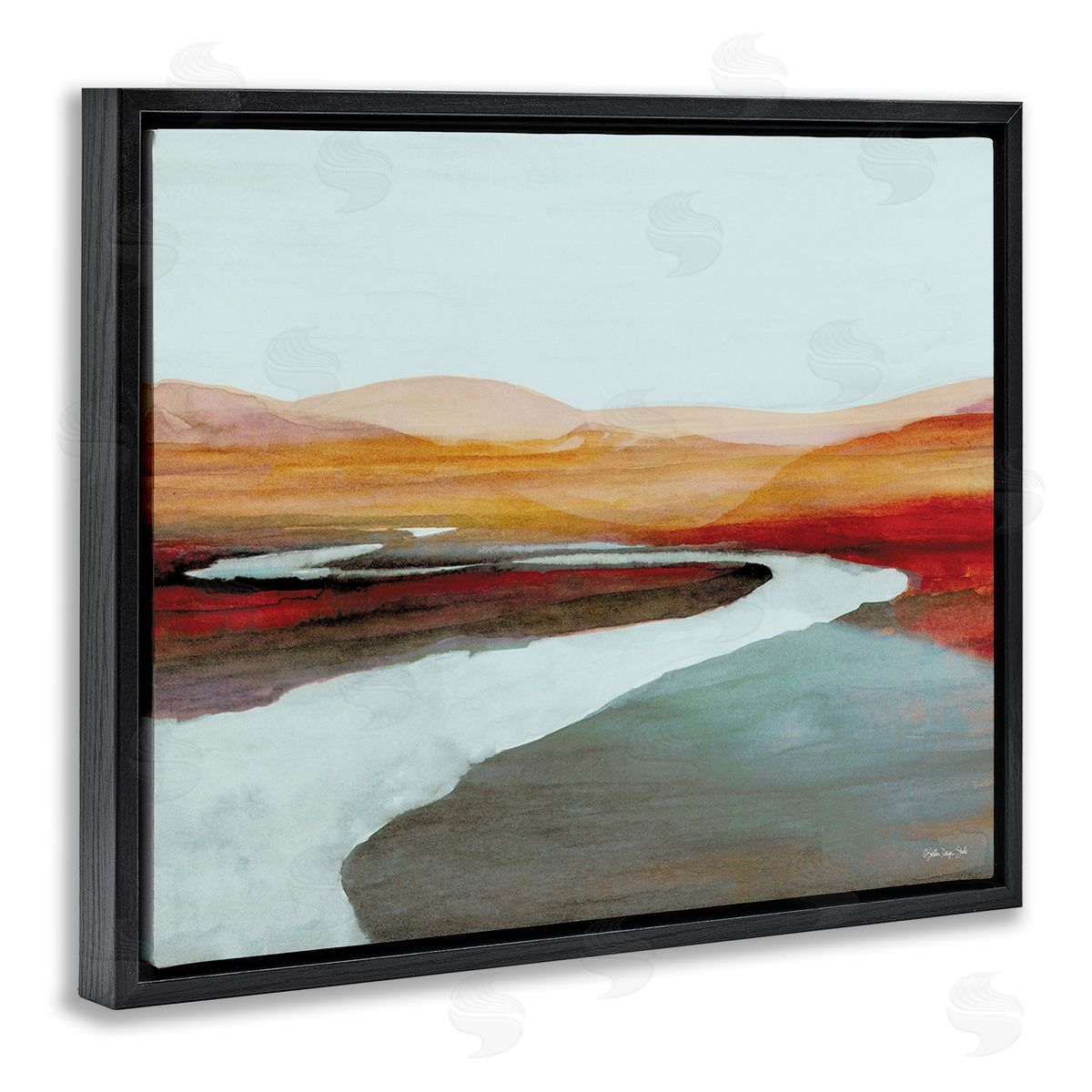 Stellar Design Studio Flowing River Landscape Black Floating Frame Canvas Wall Art Print