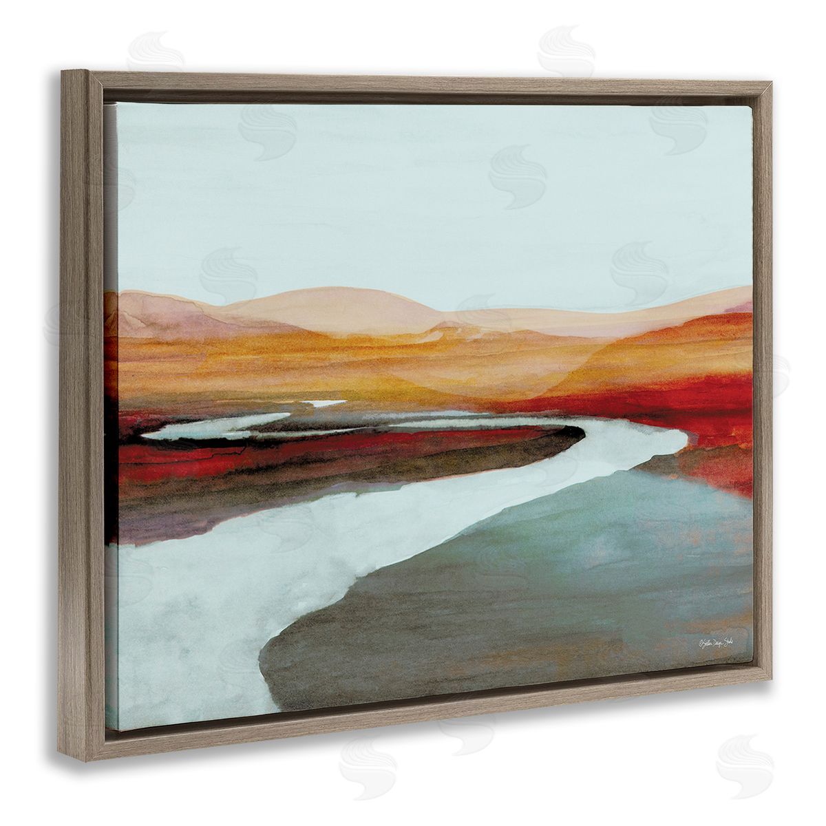 Stellar Design Studio Flowing River Landscape Brown Floating Frame Canvas Wall Art Print
