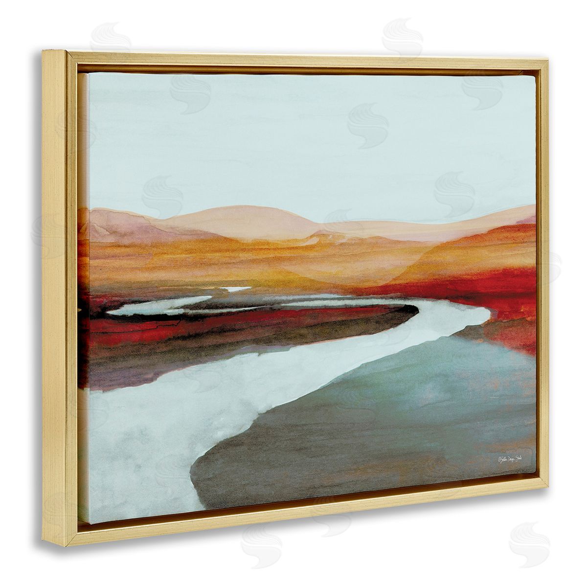 Stellar Design Studio Flowing River Landscape Gold Floating Frame Canvas Wall Art Print