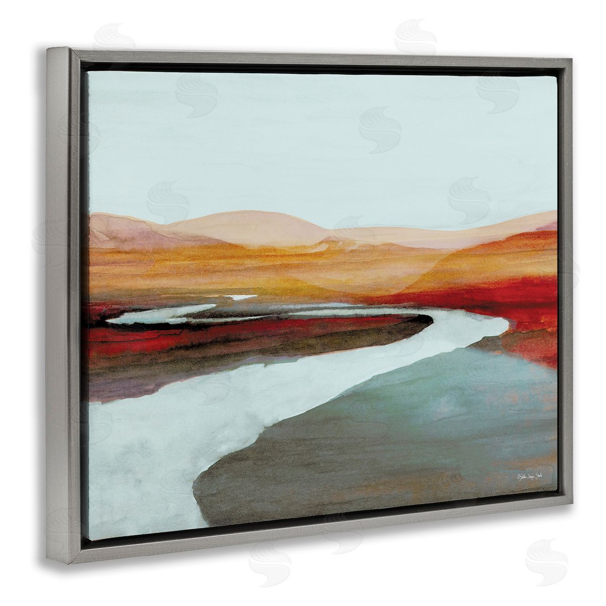 Stellar Design Studio Flowing River Landscape Gray Floating Frame Canvas Wall Art Print