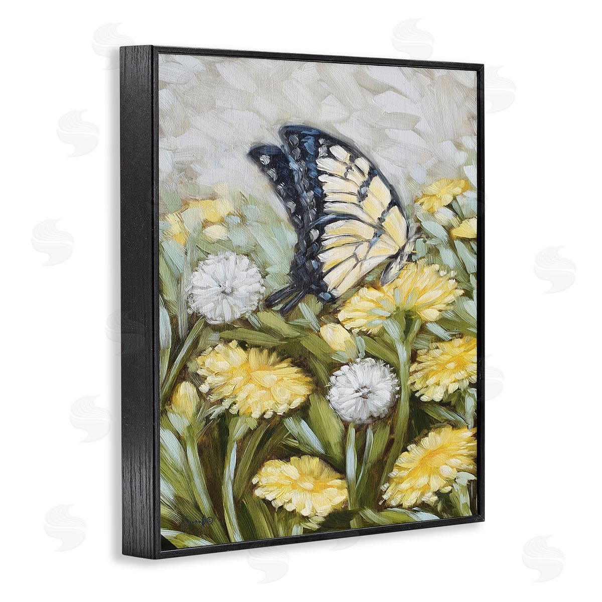 Sara G. Designs Butterfly & Yellow Daisies Black Framed Giclee Wall Art Print