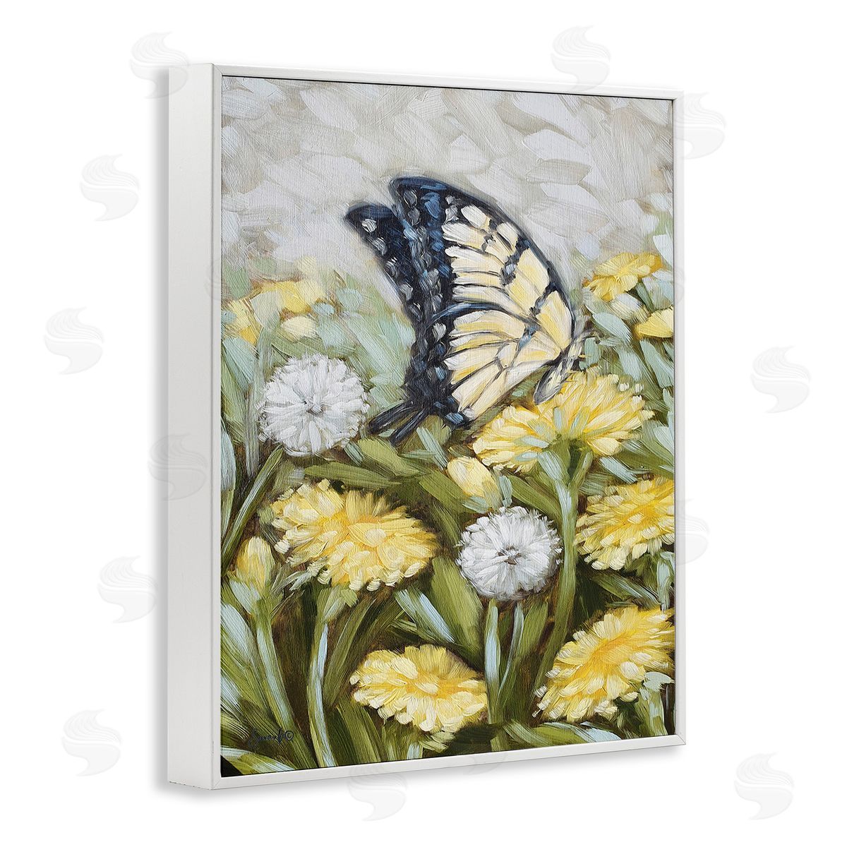 Sara G. Designs Butterfly & Yellow Daisies White Framed Giclee Wall Art Print