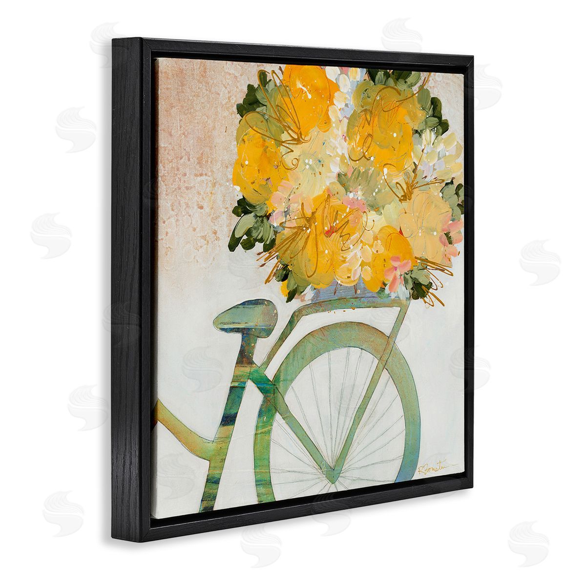 Ruth Fromstein Bicycle with Abstract Florals Black Floating Frame Canvas Wall Art Print