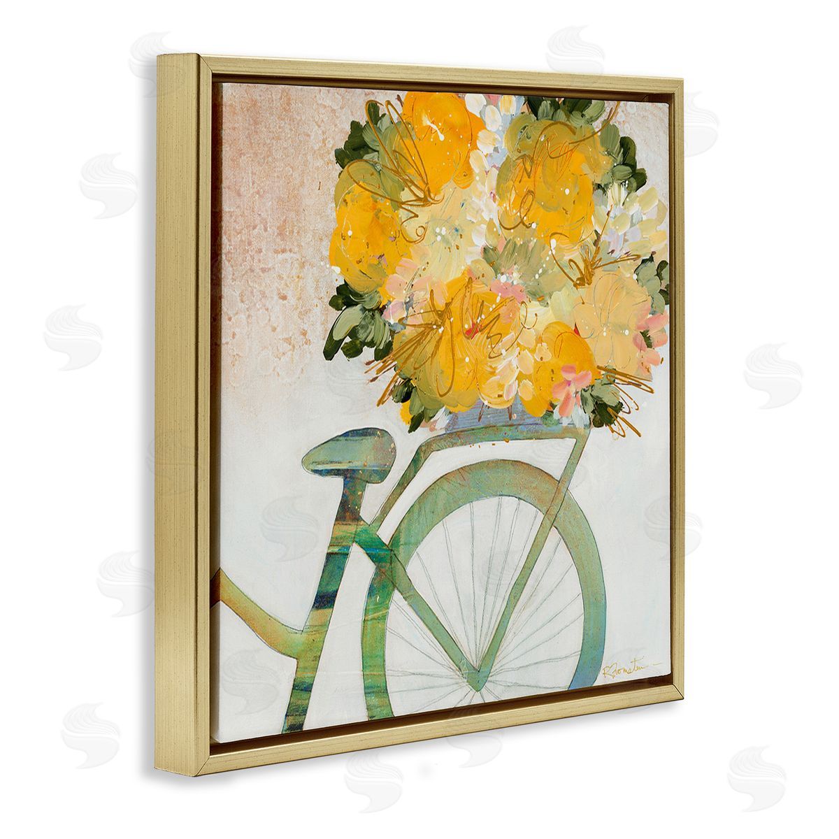 Ruth Fromstein Bicycle with Abstract Florals Gold Floating Frame Canvas Wall Art Print