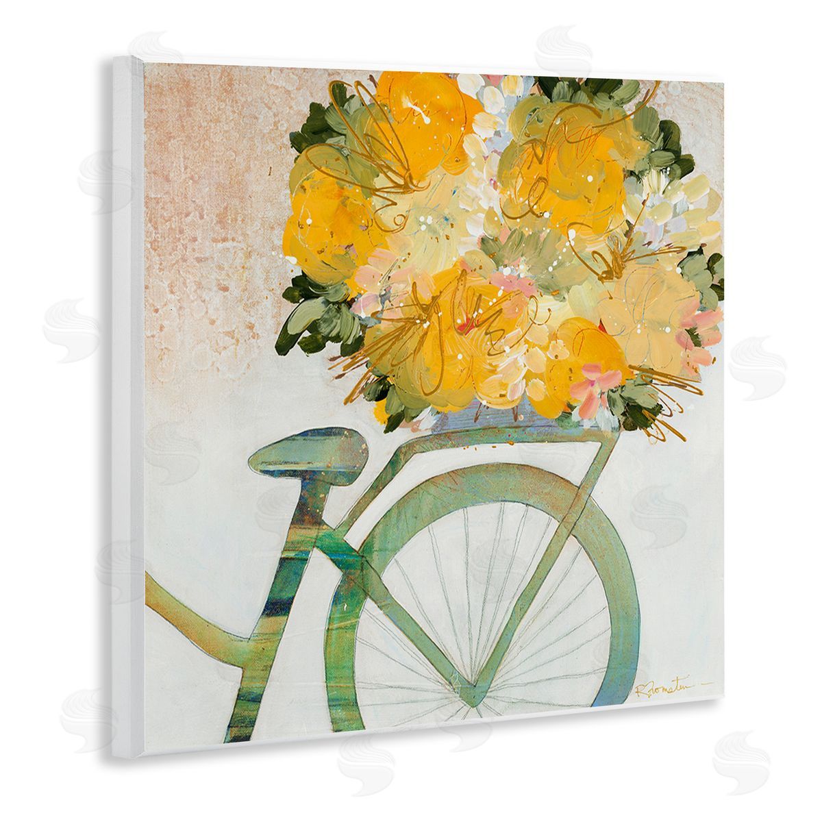 Ruth Fromstein Bicycle with Abstract Florals Wooden Wall Plaque Art Print