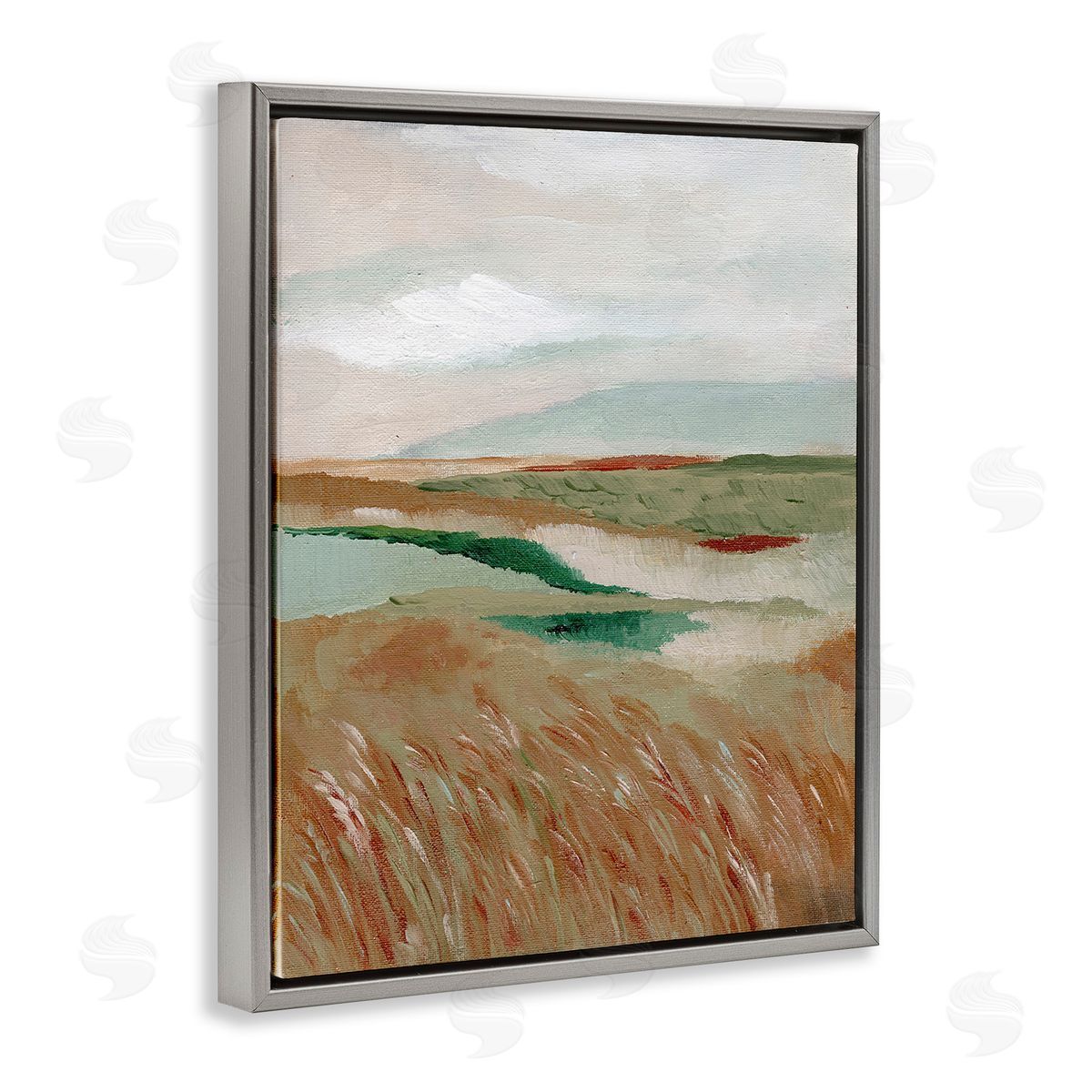 Nikita Jariwala Abstract Pasture with River Gray Floating Frame Canvas Wall Art Print