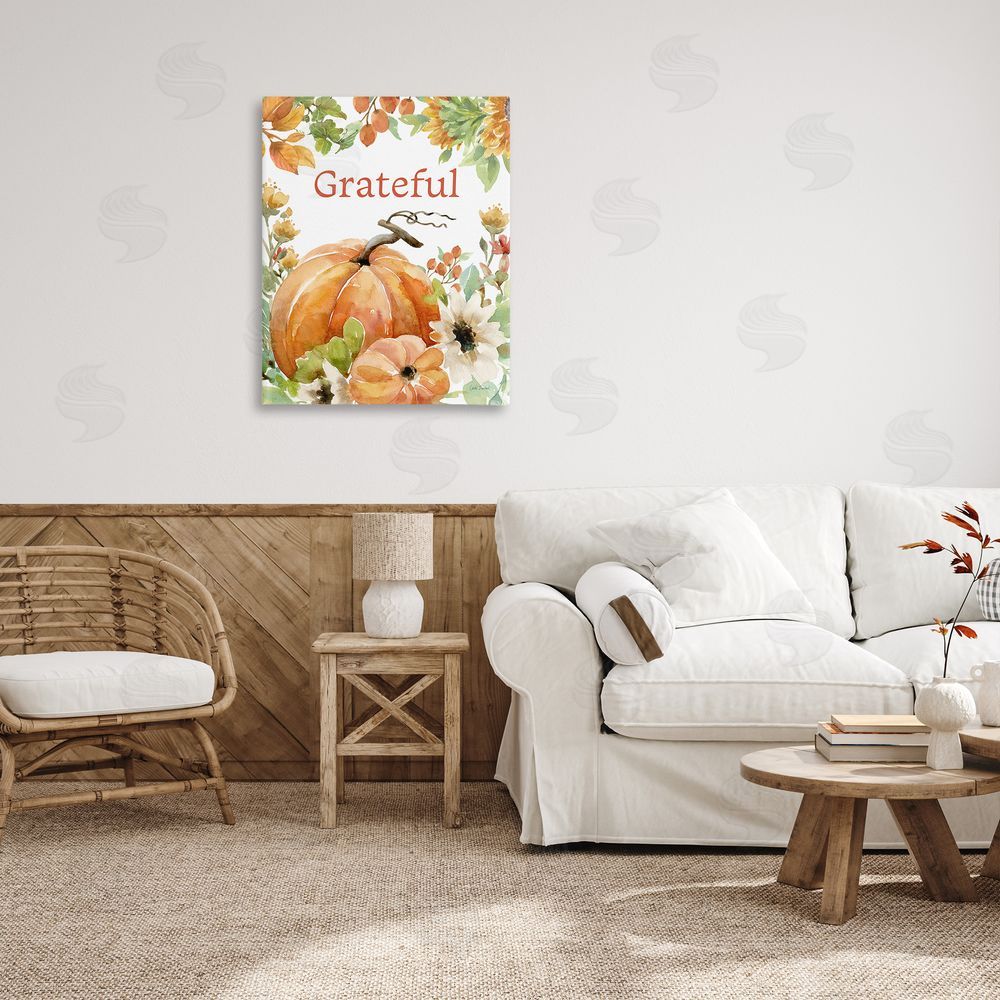 Leslie Trimbach Grateful Pumpkins & Flowers Canvas Wall Art Print in Room