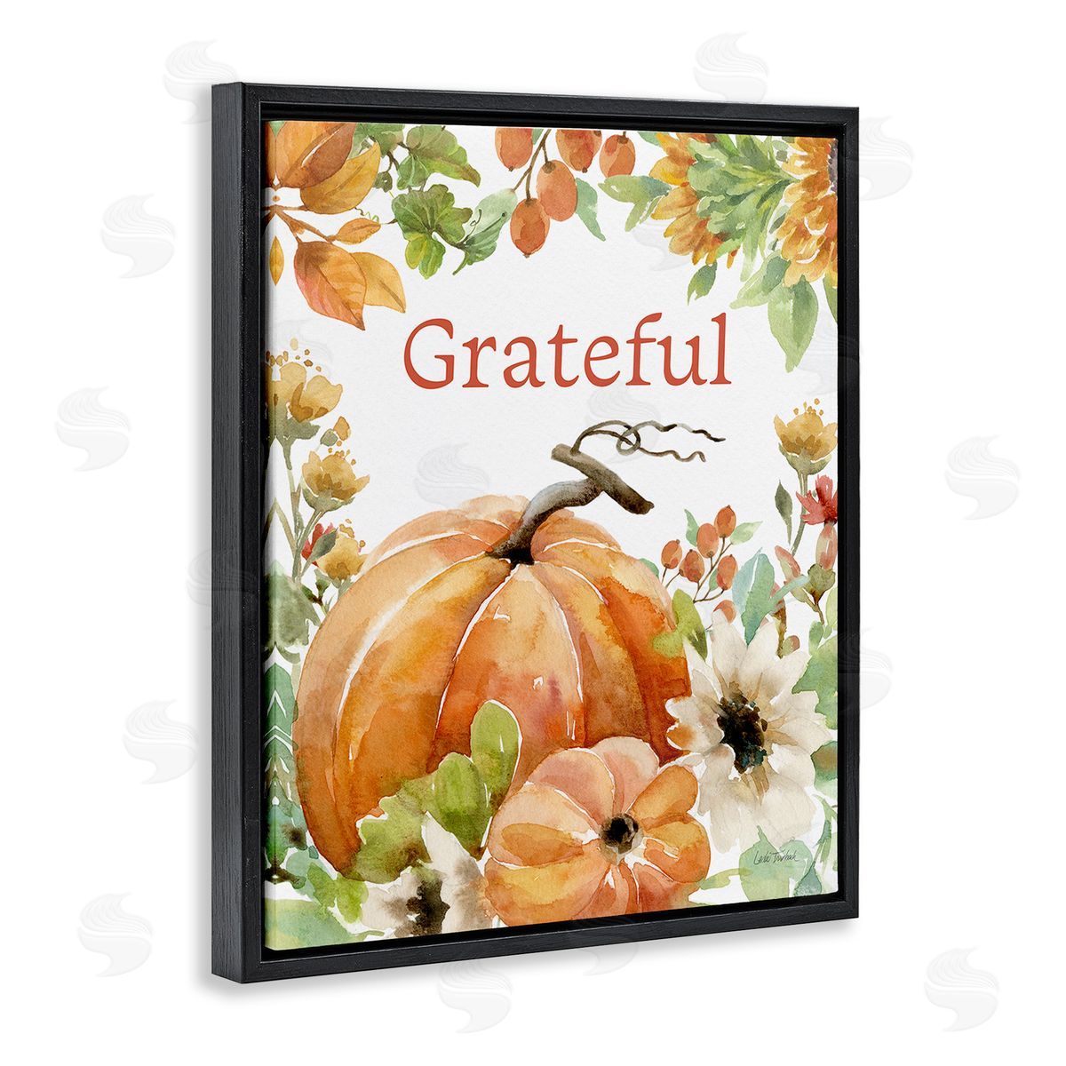 Leslie Trimbach Grateful Pumpkins & Flowers Black Floating Frame Canvas Wall Art Print