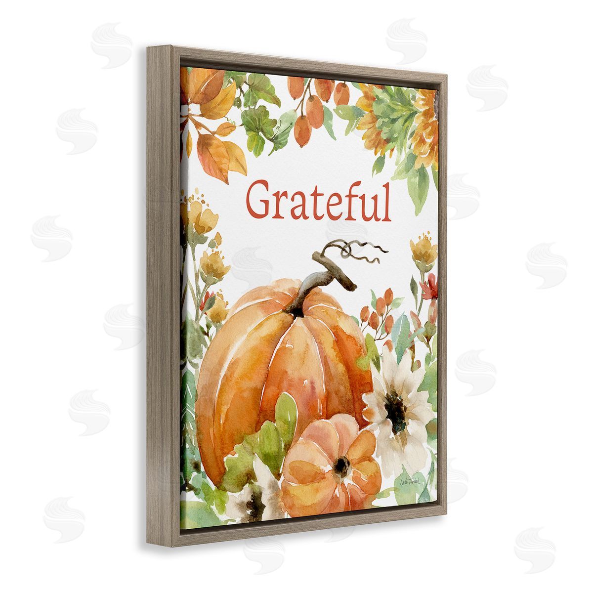 Leslie Trimbach Grateful Pumpkins & Flowers Brown Floating Frame Canvas Wall Art Print