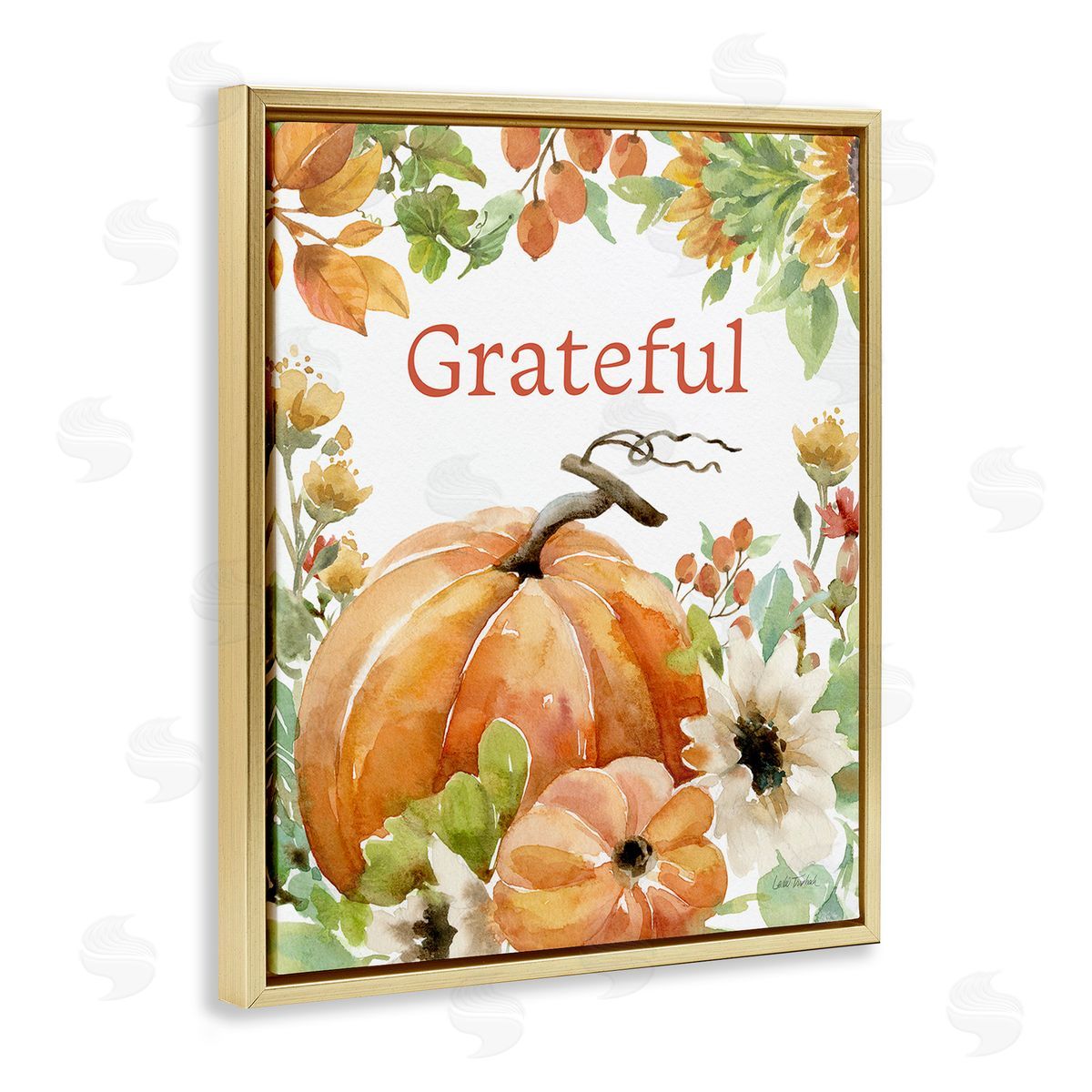 Leslie Trimbach Grateful Pumpkins & Flowers Gold Floating Frame Canvas Wall Art Print
