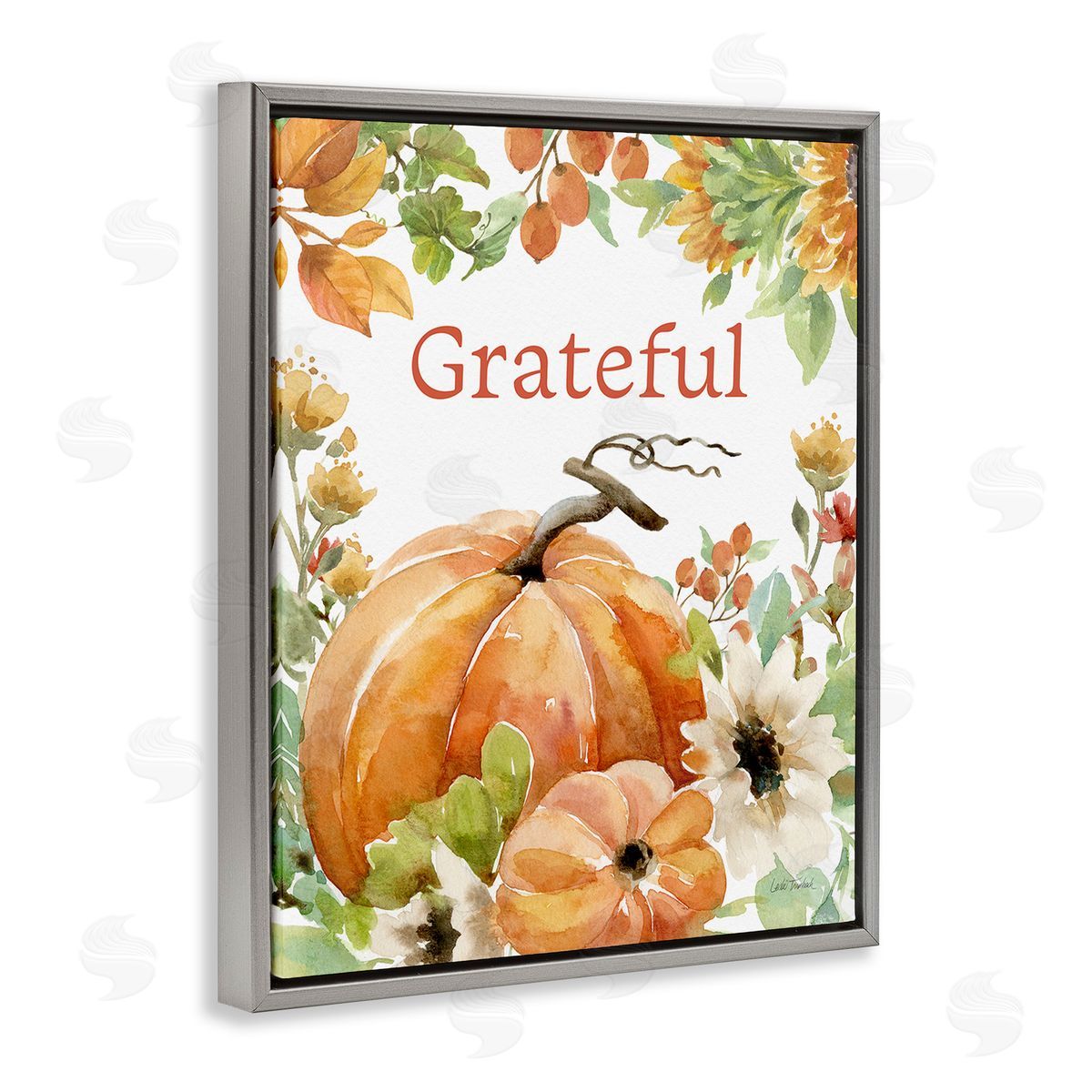 Leslie Trimbach Grateful Pumpkins & Flowers Gray Floating Frame Canvas Wall Art Print
