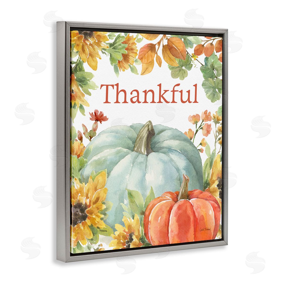Leslie Trimbach Thankful with Fall Harvest Gray Floating Frame Canvas Wall Art Print