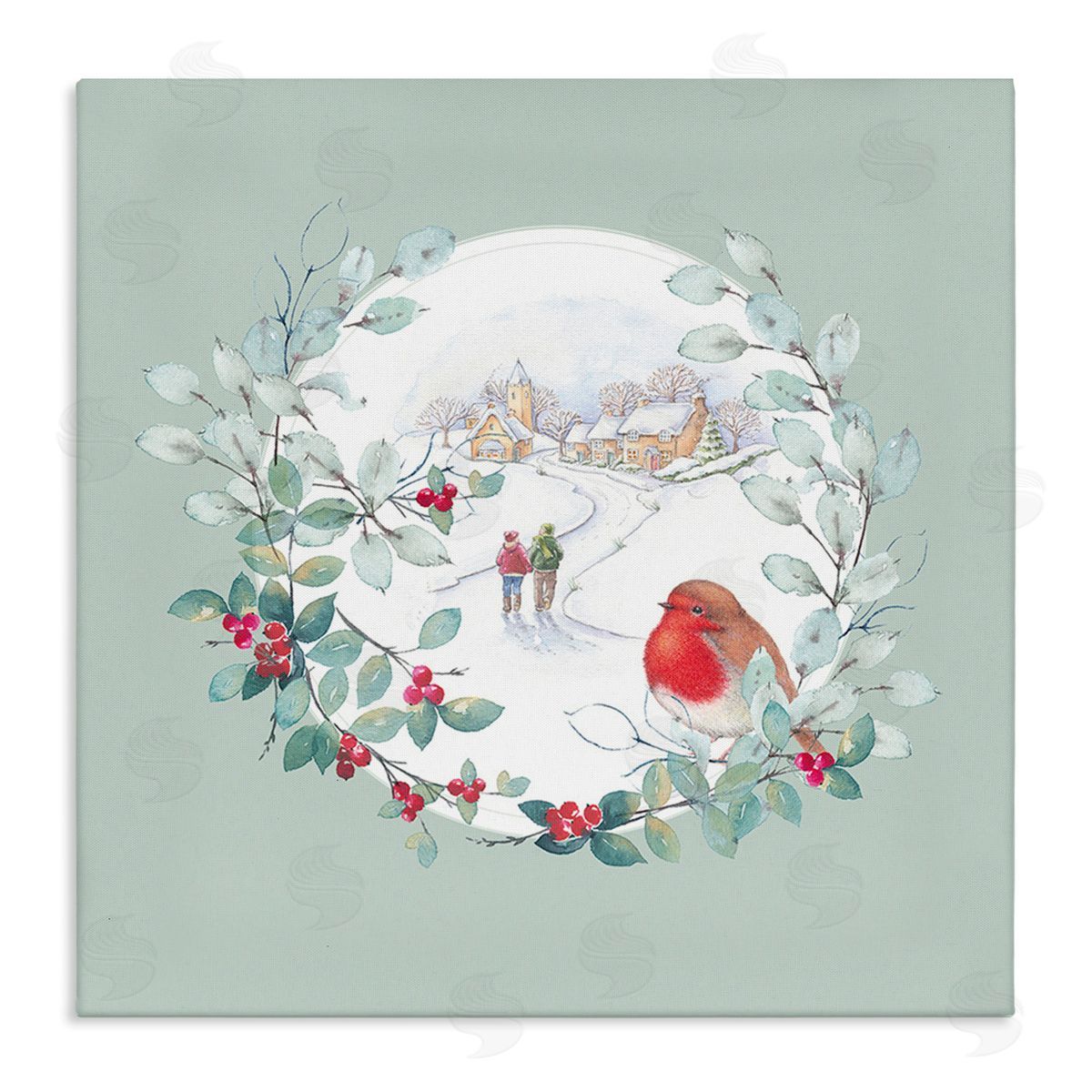 Julie Clay Winter Scene with Border Canvas Wall Art Print