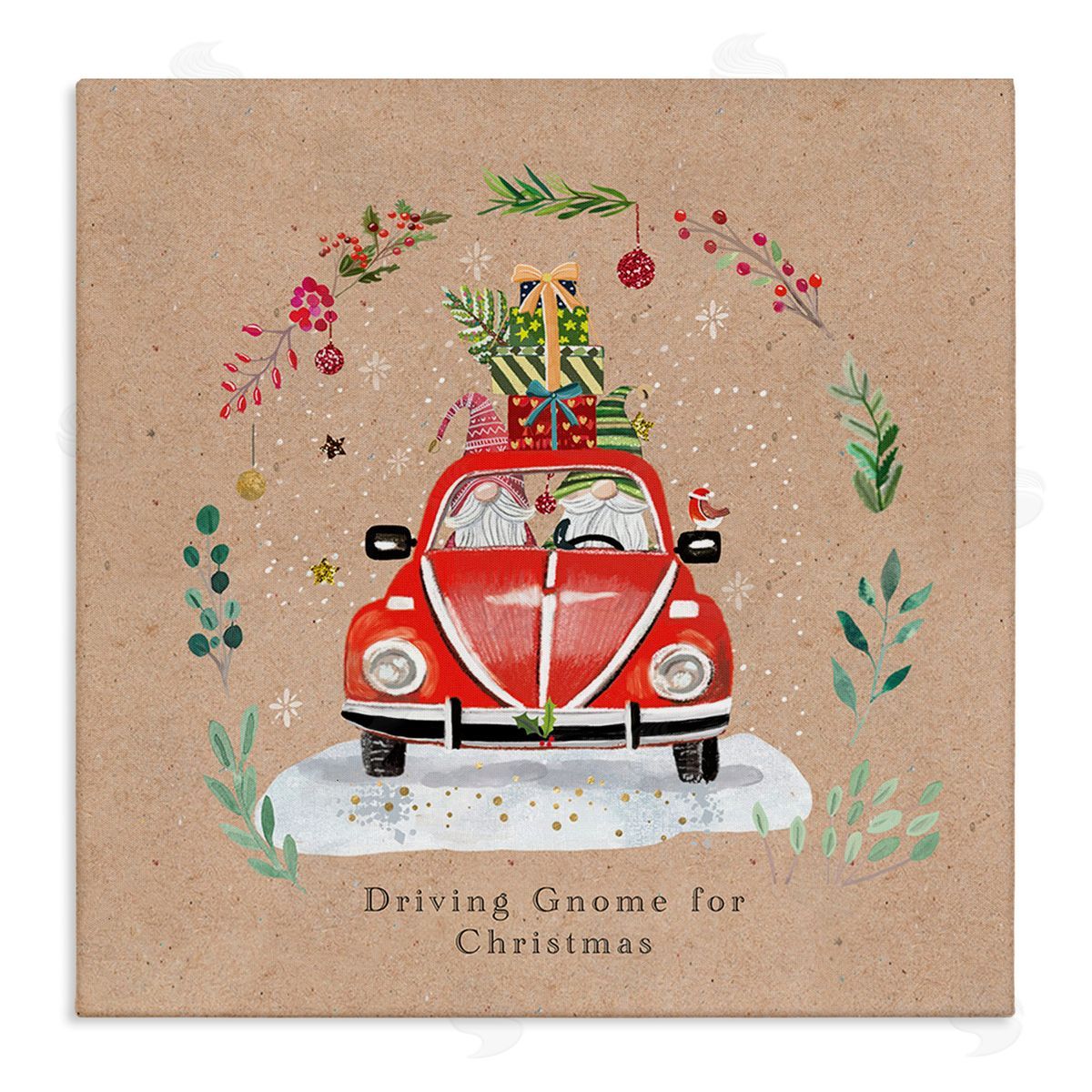 Sally Darby Driving Gnome For Christmas Canvas Wall Art Print