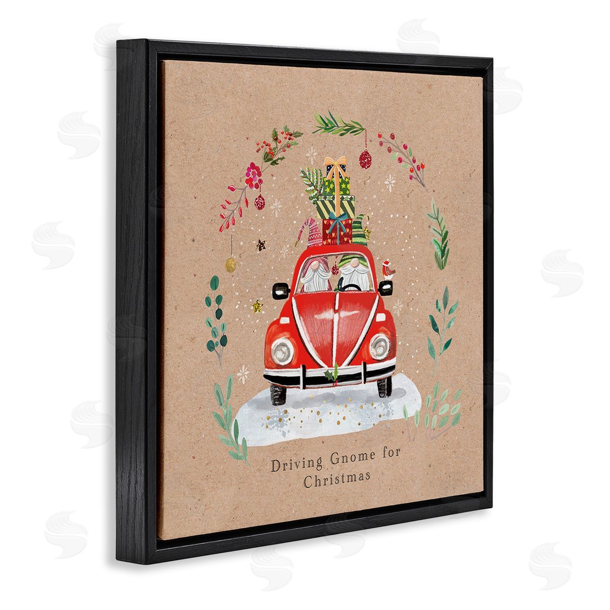 Sally Darby Driving Gnome For Christmas Black Floating Frame Canvas Wall Art Print
